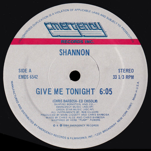Shannon Give Me Tonight LP Very Good Plus (VG+) Excellent (EX)