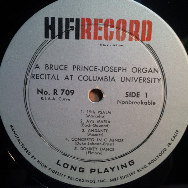 Bruce Prince-Joseph Organ Recital At Columbia University Vol. 1 HiFi Records LP Near Mint (NM or M-) Near Mint (NM or M-)