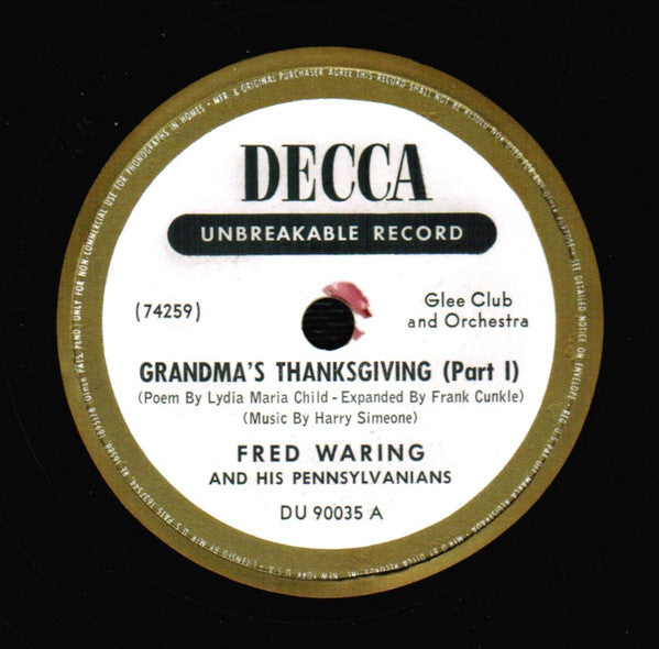 Fred Waring & The Pennsylvanians Grandma's Thanksgiving 12" Excellent (EX) Excellent (EX)