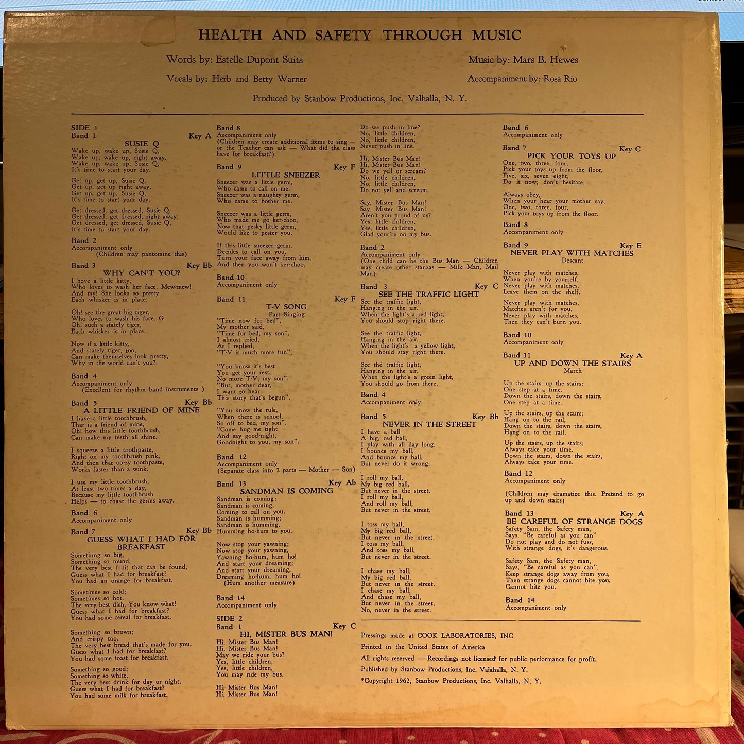 Herb & Betty Warner - Health & Safety Through Music | Near Mint (NM) Excellent (EX) - CHILDRENS / USED *EXCELLENT+*