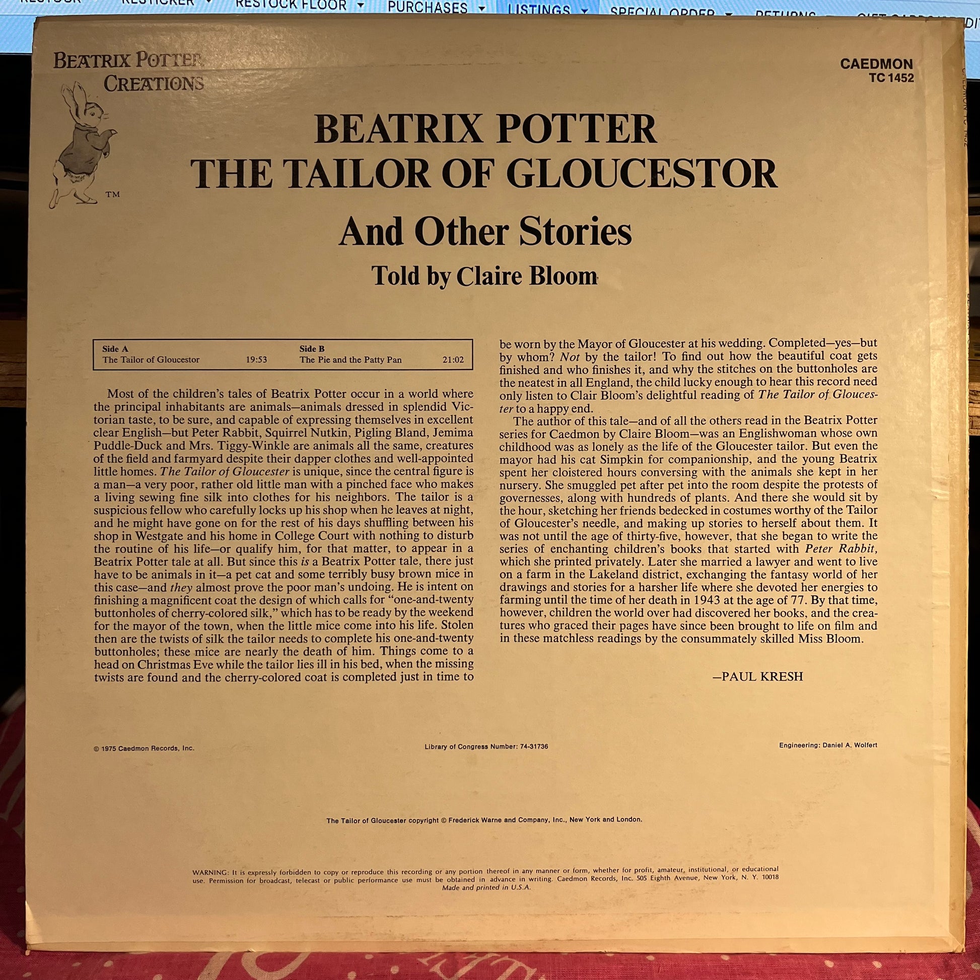 Claire Bloom - The Tailor Of Gloucester And Other Stories | Near Mint (NM) Excellent (EX) - CHILDRENS / USED *NEAR MINT*