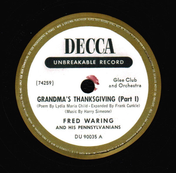 Fred Waring & The Pennsylvanians - Grandma's Thanksgiving | Very Good Plus (VG+) Excellent (EX) - CHILDRENS / USED *VERY GOOD++/78RPM*
