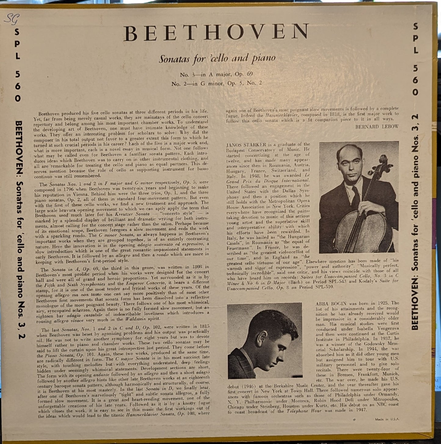 Sonatas For 'Cello and Piano | Excellent (EX) Near Mint (NM)