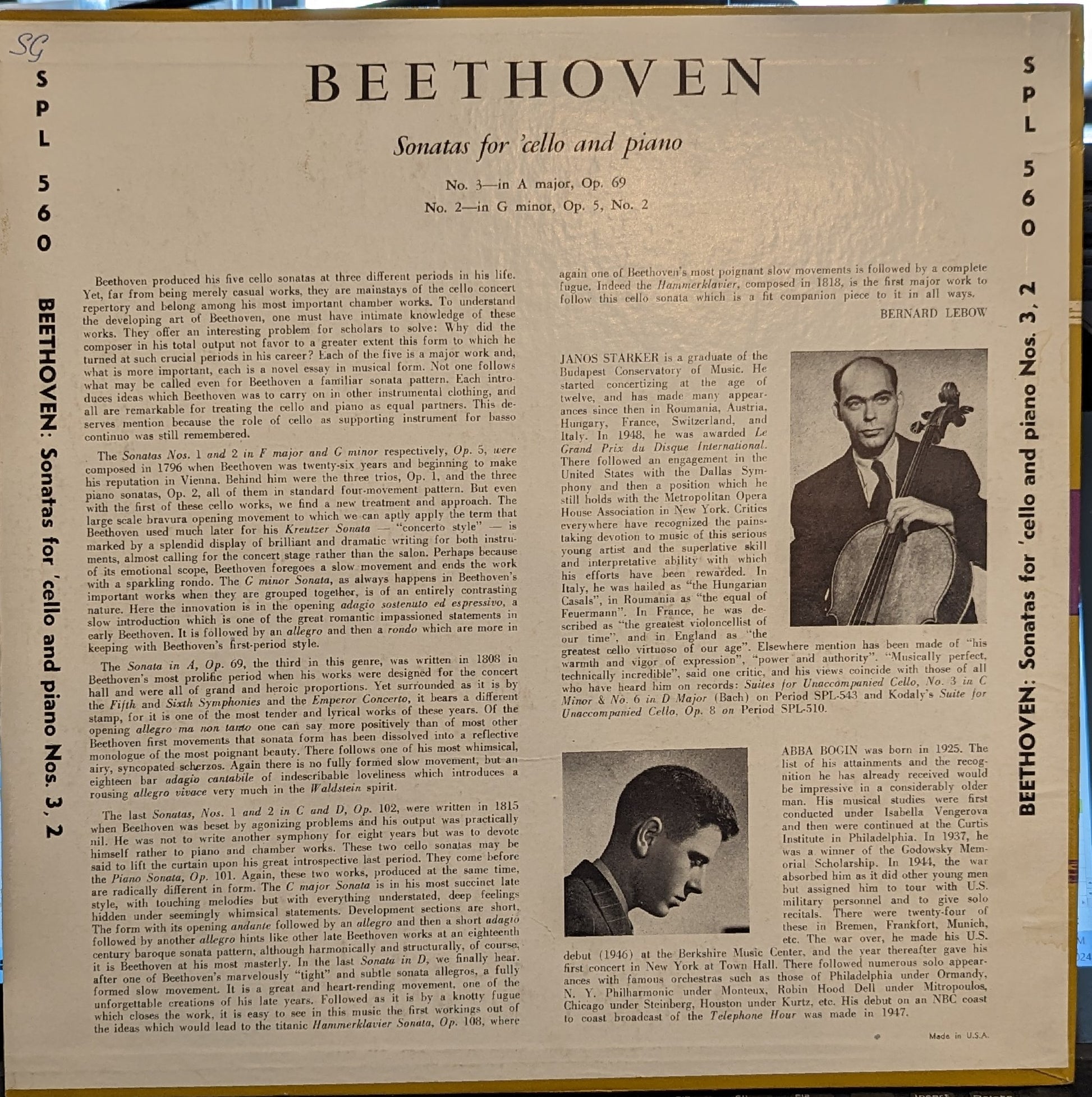 Ludwig van Beethoven - Sonatas For 'Cello and Piano | Excellent (EX) Near Mint (NM) - CLASSICAL / USED *EXCELLENT+*