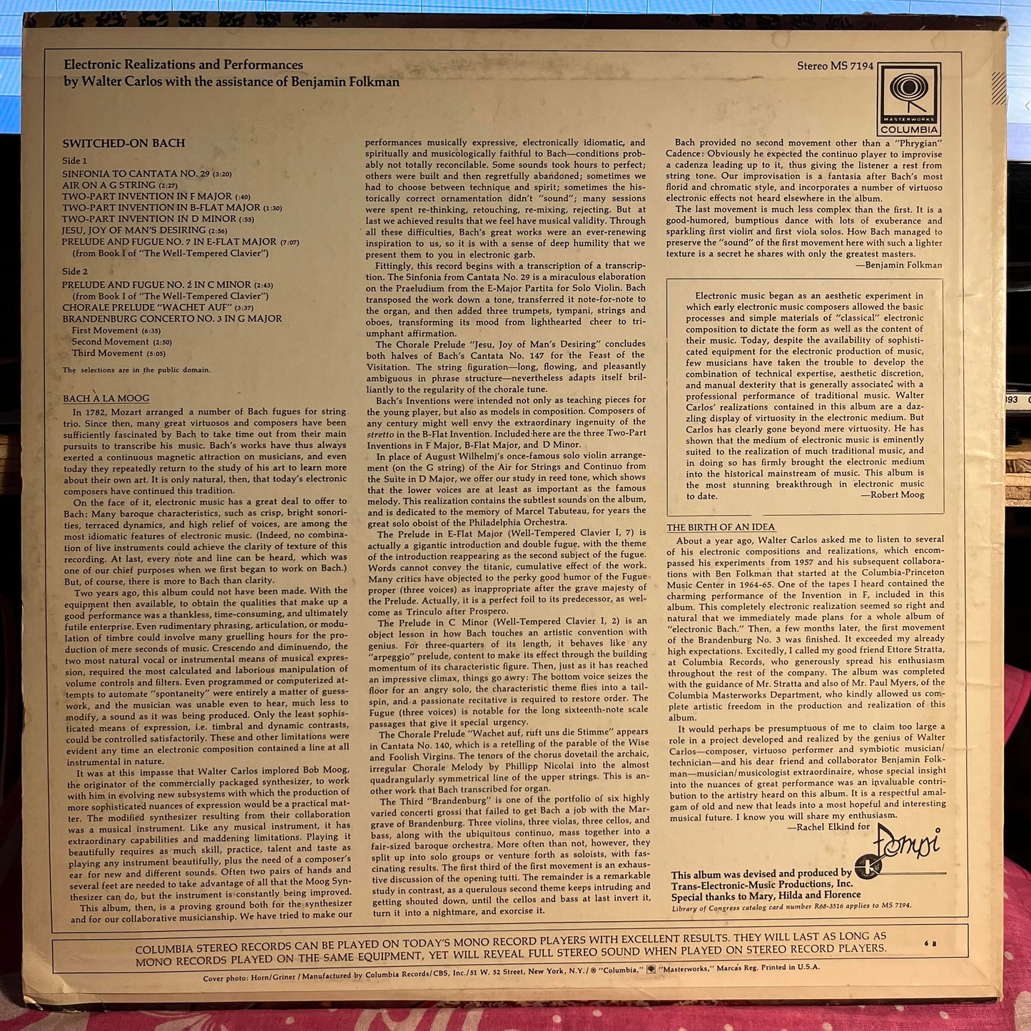 Walter Carlos - Switched-On Bach *TERRE HAUTE 1970* | Excellent (EX) Excellent (EX) - CLASSICAL / USED *EXCELLENT+*