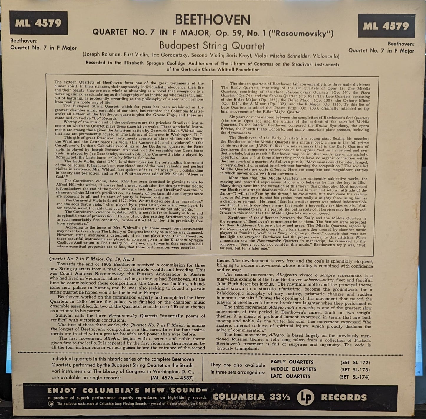 Ludwig van Beethoven - Quartet No. 7 in F Major, Op. 59, No. 1 | Excellent (EX) Near Mint (NM) - CLASSICAL / USED *EXCELLENT+*