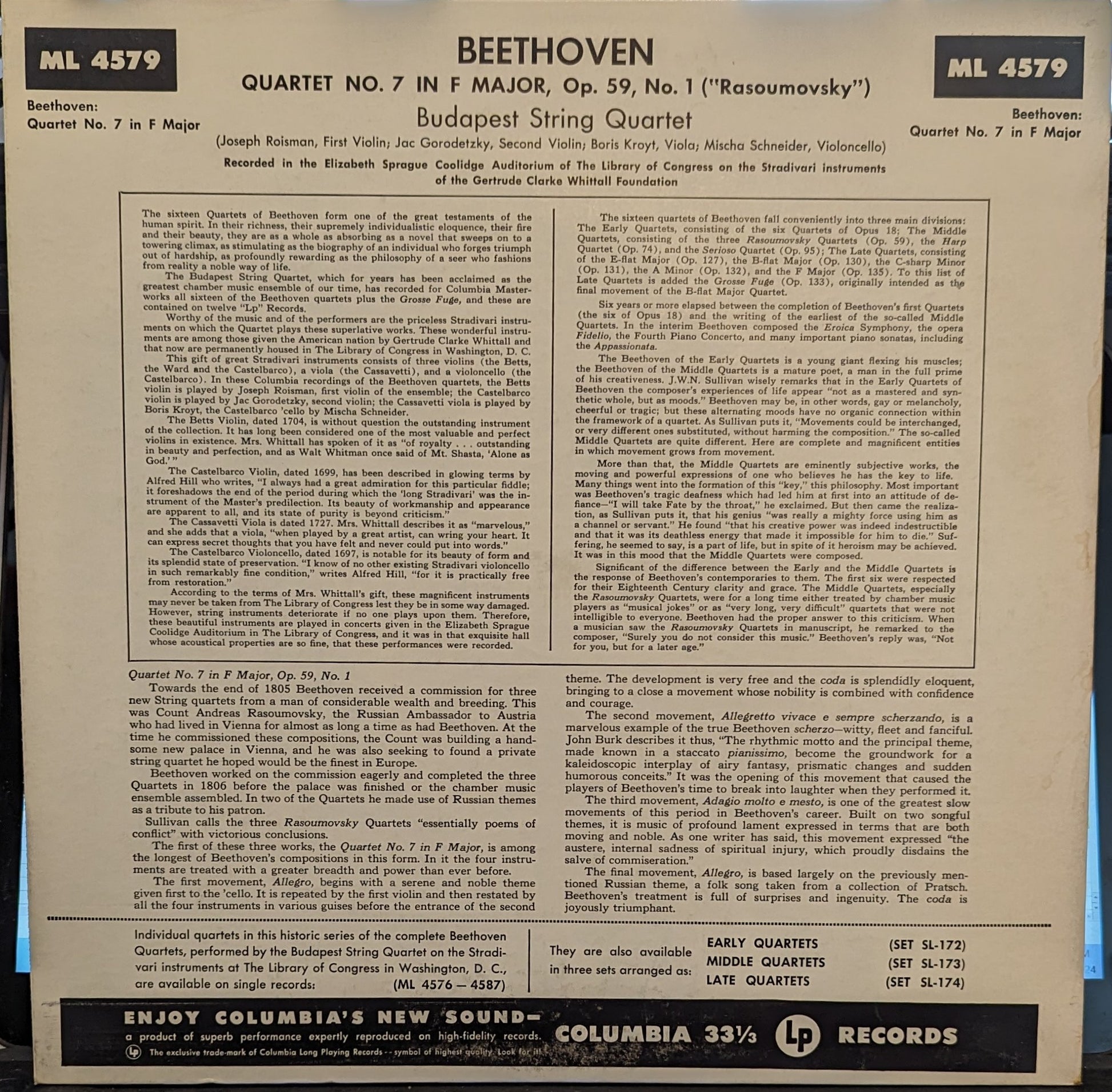 Ludwig van Beethoven - Quartet No. 7 in F Major, Op. 59, No. 1 | Excellent (EX) Near Mint (NM) - CLASSICAL / USED *EXCELLENT+*