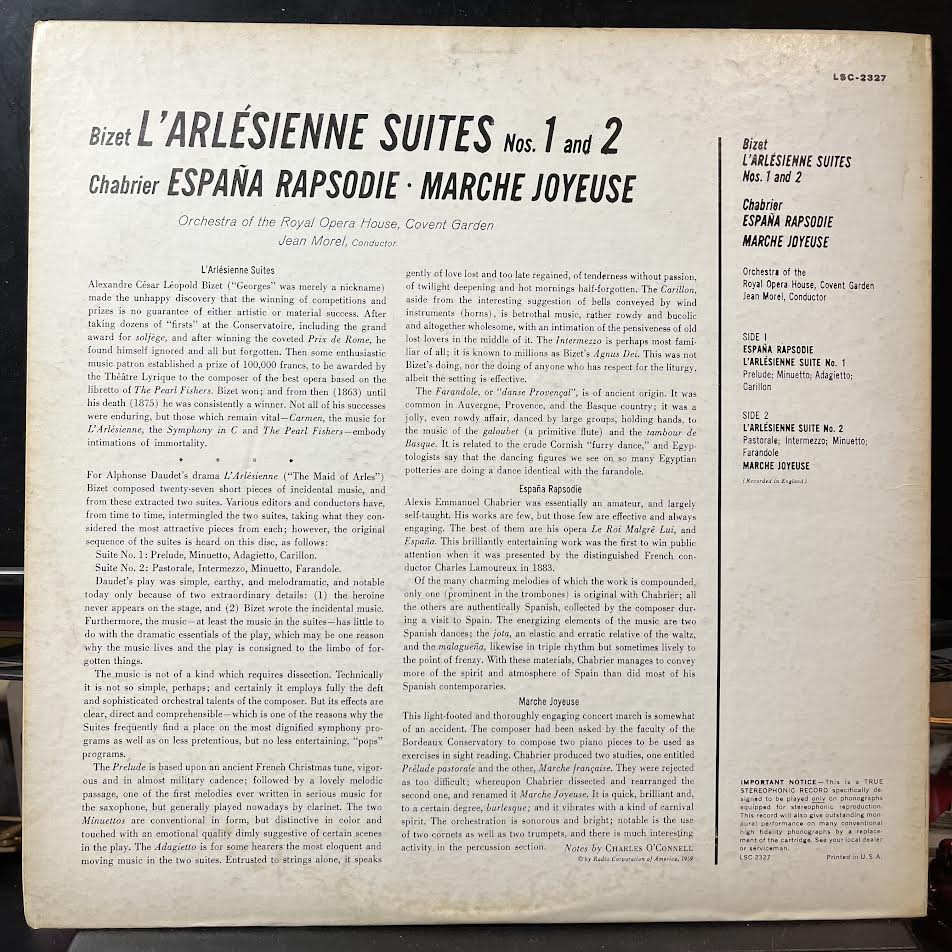 L'Arlésienne Suites 1 And 2 / España Rapsodie / Marche Joyeuse (VINYL) | Excellent+ (EX+) Excellent+ (EX+) - CLASSICAL / USED *EXCELLENT+*