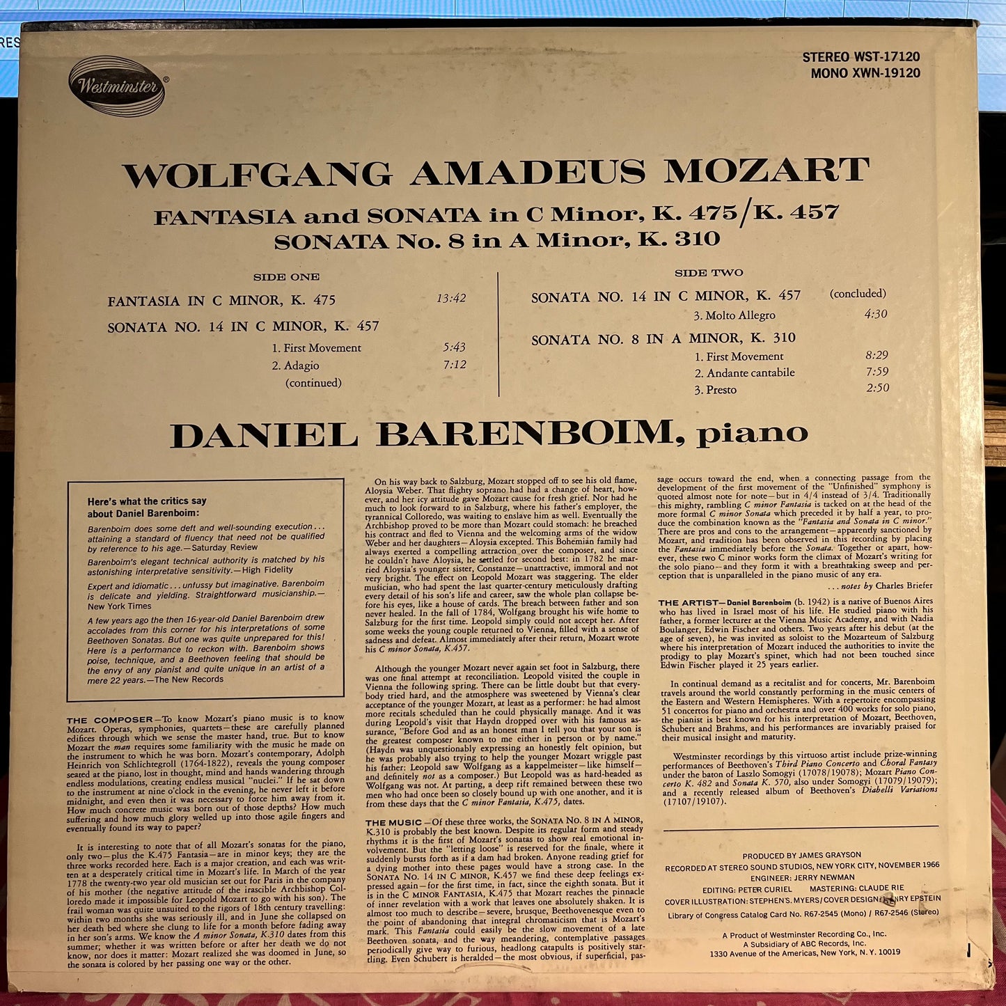 Daniel Barenboim - Fantasia In C Minor, K.475; Sonata In C Minor, K.457 (No.14); Sonata In A Minor, K.310 (No.8) | Excellent (EX) Excellent (EX) - CLASSICAL / USED *EXCELLENT+*