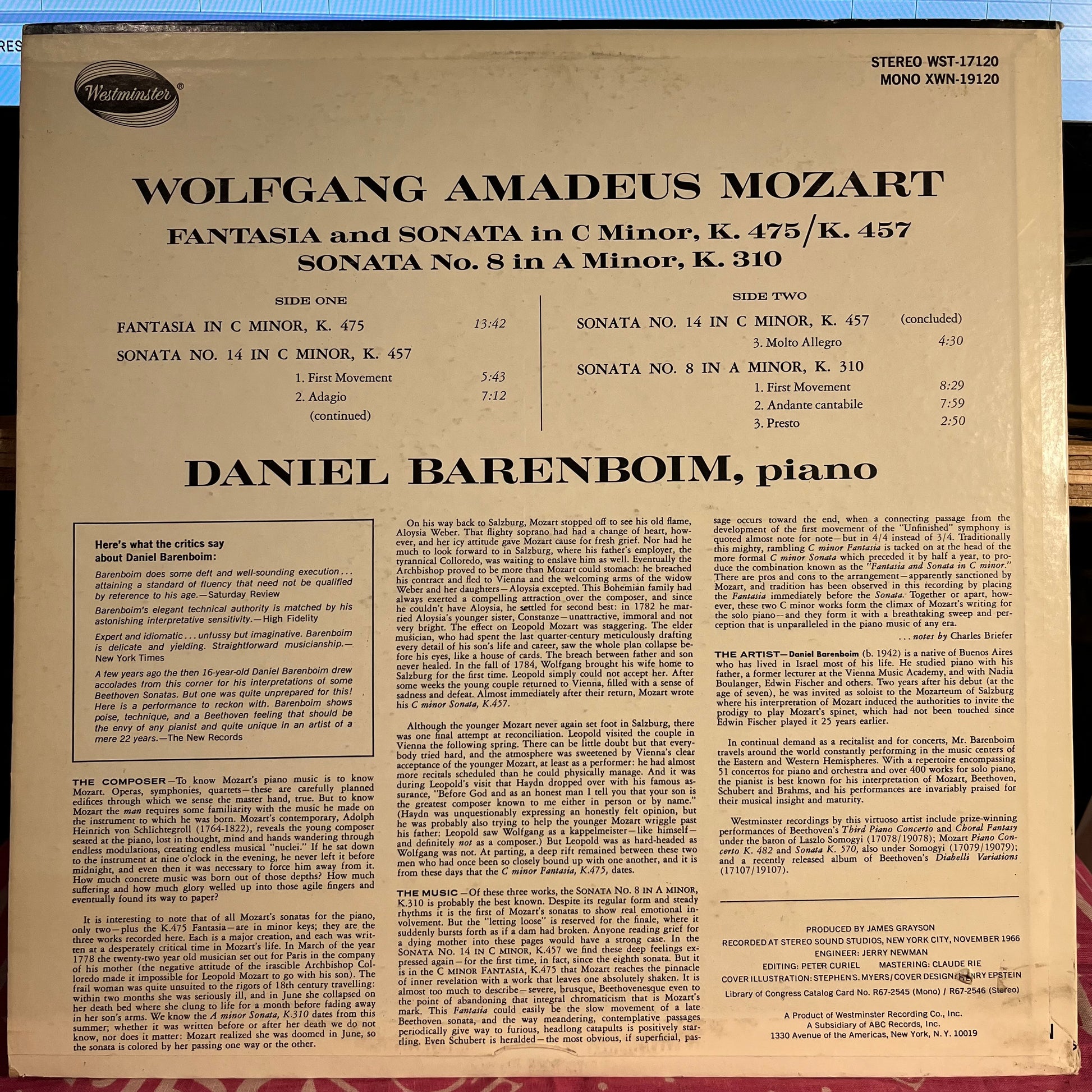 Daniel Barenboim - Fantasia In C Minor, K.475; Sonata In C Minor, K.457 (No.14); Sonata In A Minor, K.310 (No.8) | Excellent (EX) Excellent (EX) - CLASSICAL / USED *EXCELLENT+*