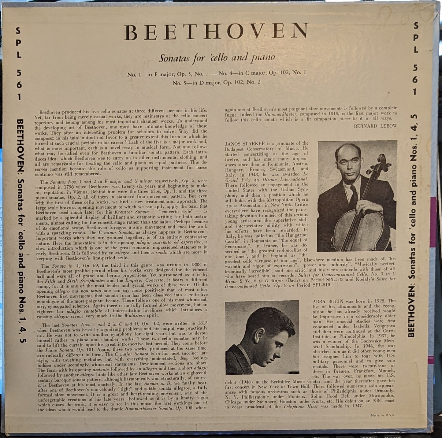 Ludwig van Beethoven Cello Sonatas Volume 1 LP Excellent (EX) Near Mint (NM or M-)