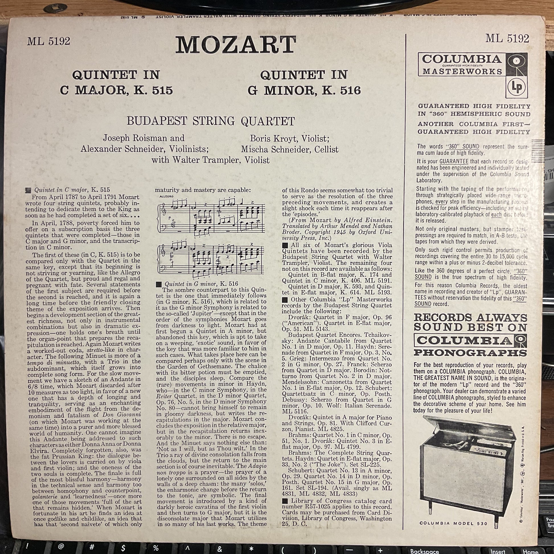 Quintet For Viola And Strings In C Major, K. 515 (VINYL) | Excellent+ (EX+) Near Mint (NM) - CLASSICAL / USED *EXCELLENT+*