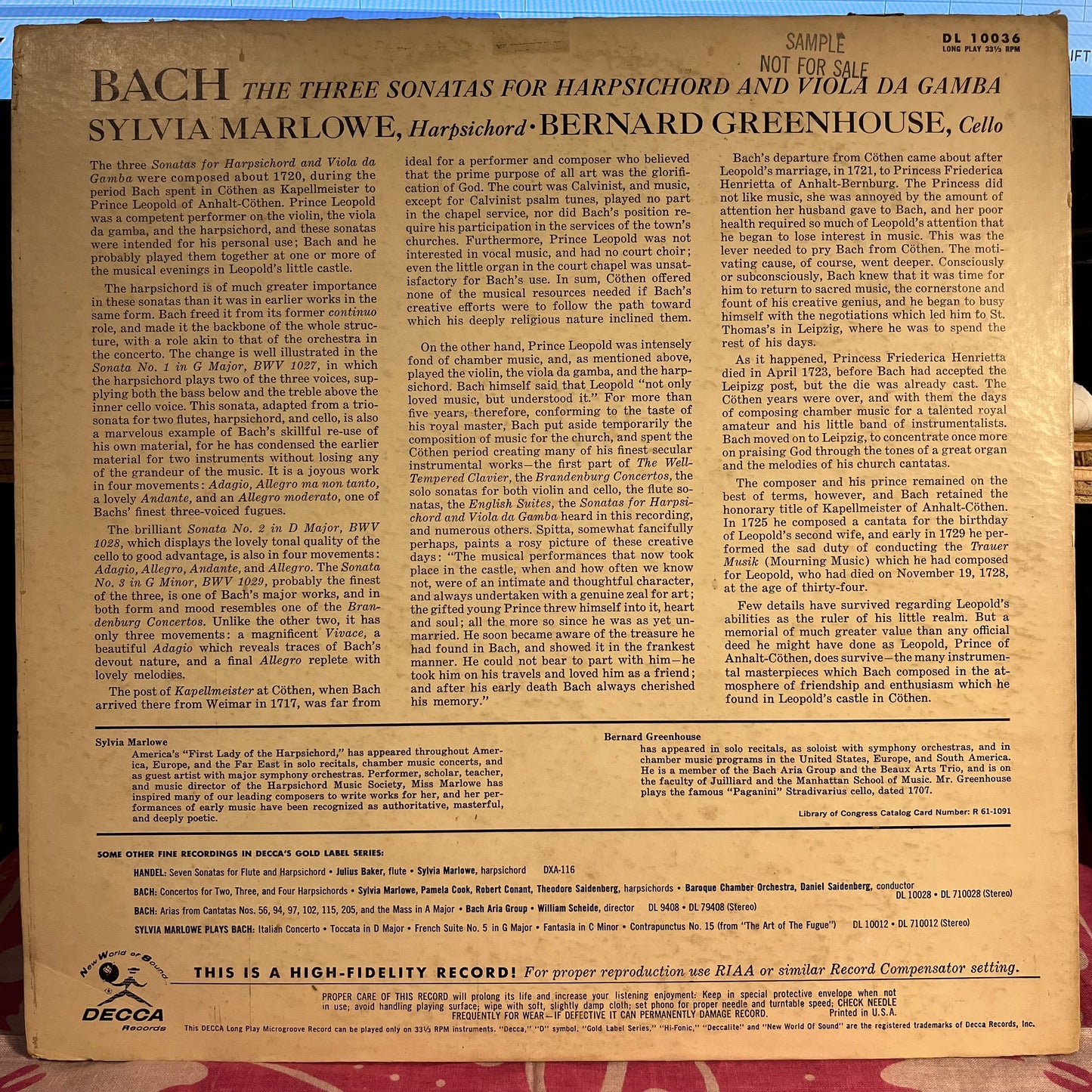 Johann Sebastian Bach - The Three Sonatas For Harpsichord And Viola Da Gamba | Excellent (EX) Very Good Plus (VG+) - CLASSICAL / USED *EXCELLENT+*