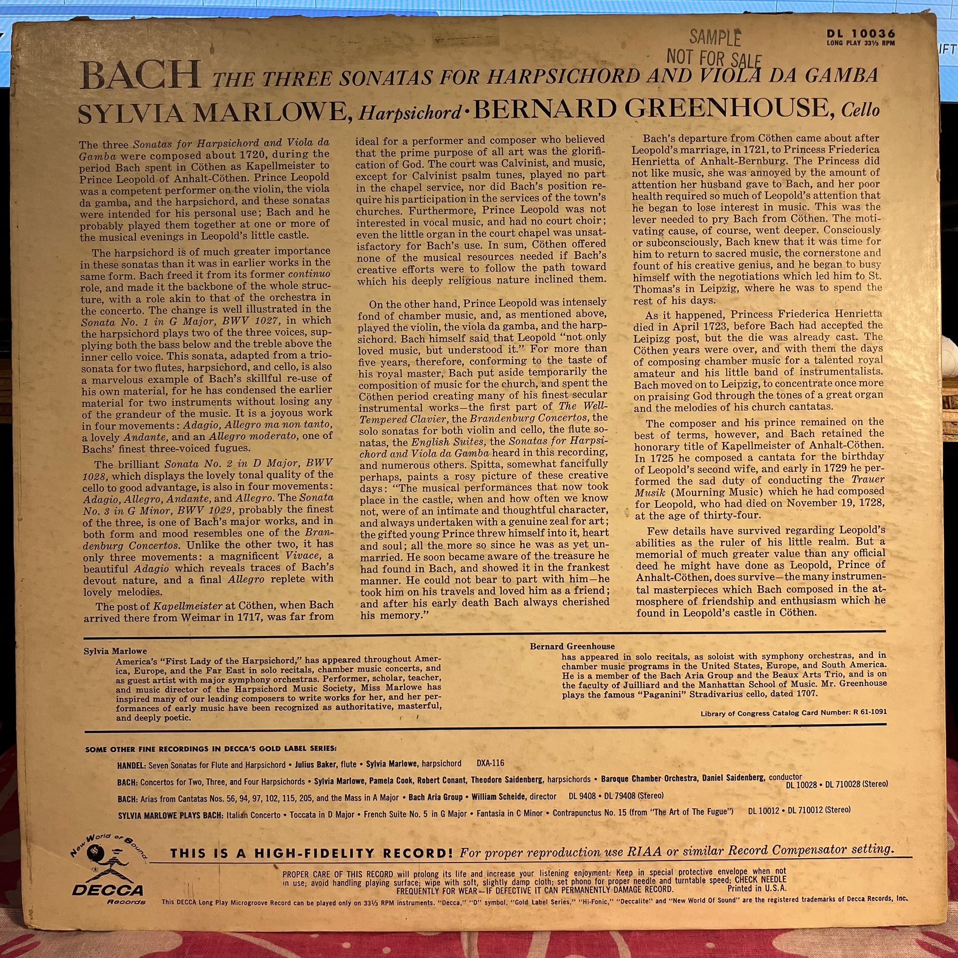 Johann Sebastian Bach - The Three Sonatas For Harpsichord And Viola Da Gamba | Excellent (EX) Very Good Plus (VG+) - CLASSICAL / USED *EXCELLENT+*