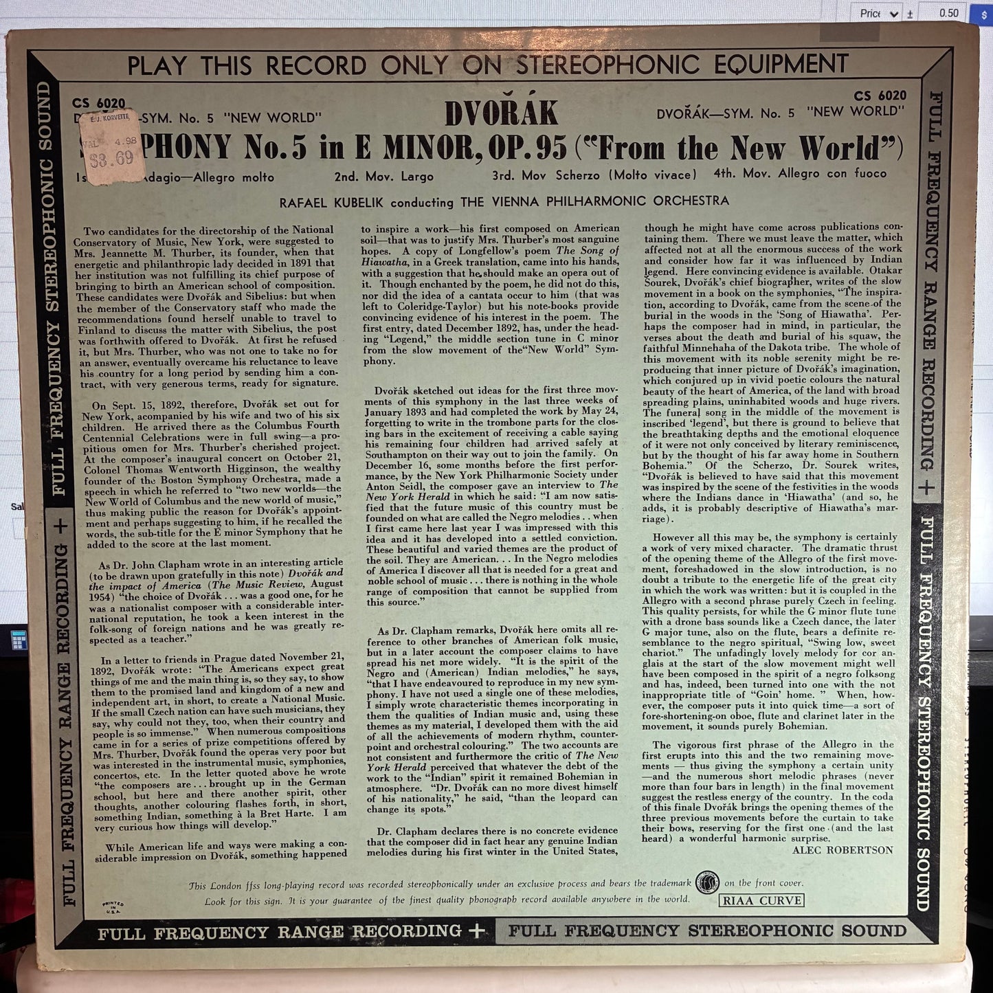 Symphony No. 5 In E Minor ('From The New World') Opus 95 (VINYL) | Excellent+ (EX+) - CLASSICAL / USED *EXCELLENT+*