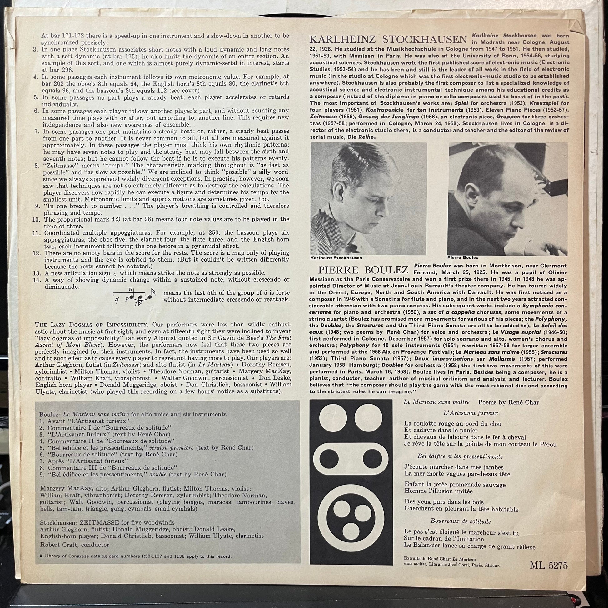 Pierre Boulez / Stockhausen - Robert Craft - Le Marteau Sans Maître / Nr. 5 Zeitmasse For Five Woodwinds (VINYL LP COLUMBIA MASTERWORKS ML 5275 1958) | USED Excellent+ (EX+) Very Good Plus (VG+) - CLASSICAL / USED *EXCELLENT+*