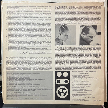 Pierre Boulez / Stockhausen - Robert Craft - Le Marteau Sans Maître / Nr. 5 Zeitmasse For Five Woodwinds (VINYL LP COLUMBIA MASTERWORKS ML 5275 1958) | USED Excellent+ (EX+) Very Good Plus (VG+) - CLASSICAL / USED *EXCELLENT+*