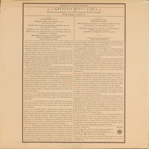 Philharmonia Virtuosi Greatest Hits Of 1720 *REPRESS* LP Very Good Plus (VG+) Excellent (EX)