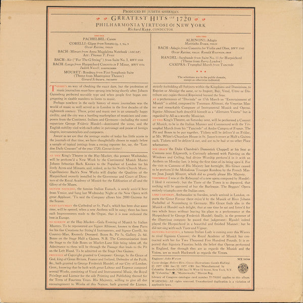 Philharmonia Virtuosi - Greatest Hits Of 1720 *REPRESS* | Very Good Plus (VG+) Excellent (EX) - CLASSICAL / USED *EXCELLENT+*