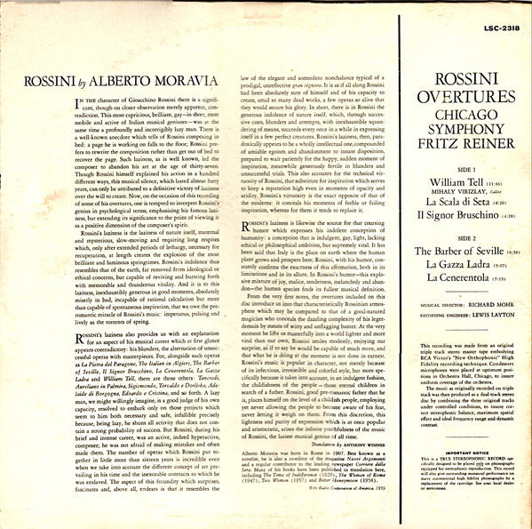 Gioacchino Rossini - Rossini Overtures (VINYL LP RCA Victor Red Seal – LSC-2318) | USED Excellent (EX) - CLASSICAL / USED *EXCELLENT+*