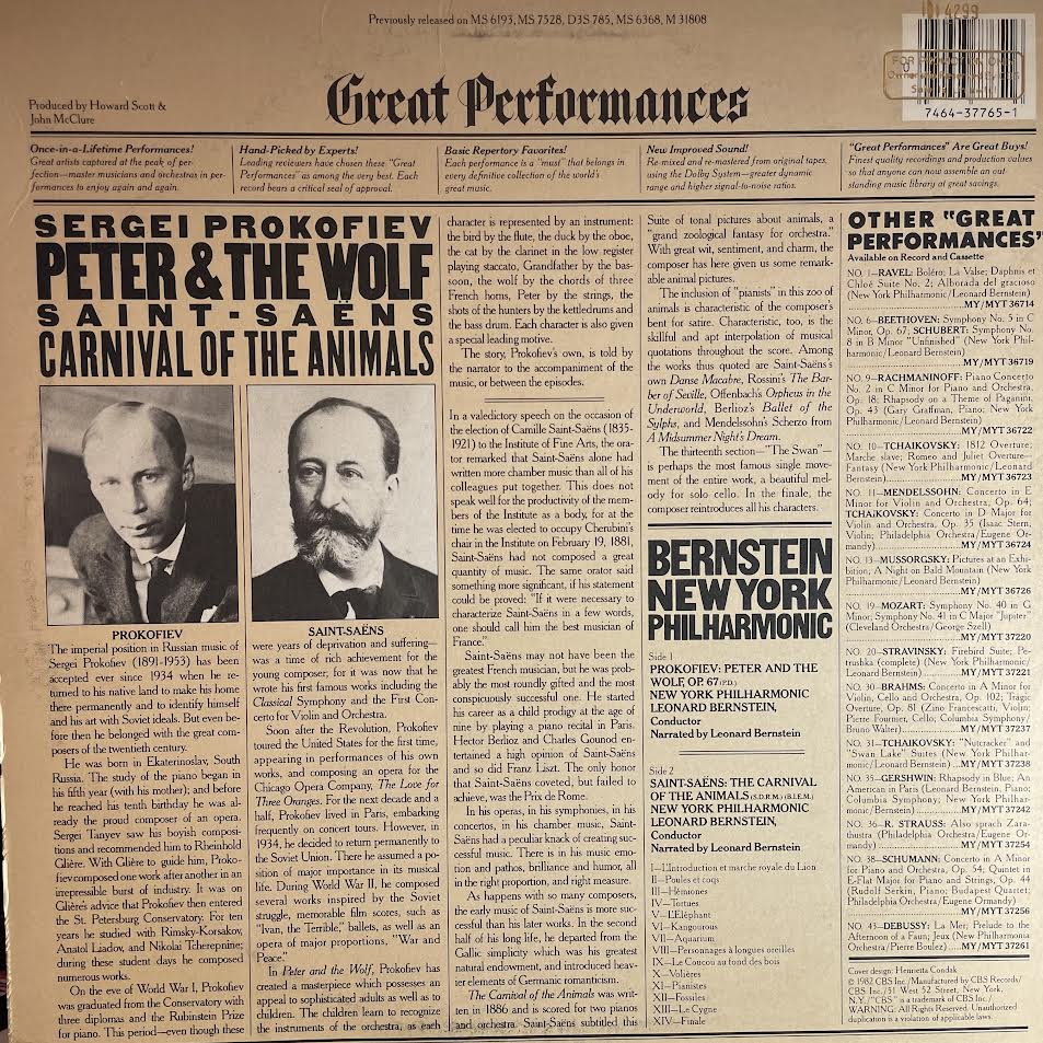 Peter & The Wolf / Carnival Of The Animals (VINYL) | Excellent (EX) Very Good Plus (VG+) - CLASSICAL / USED *EXCELLENT*