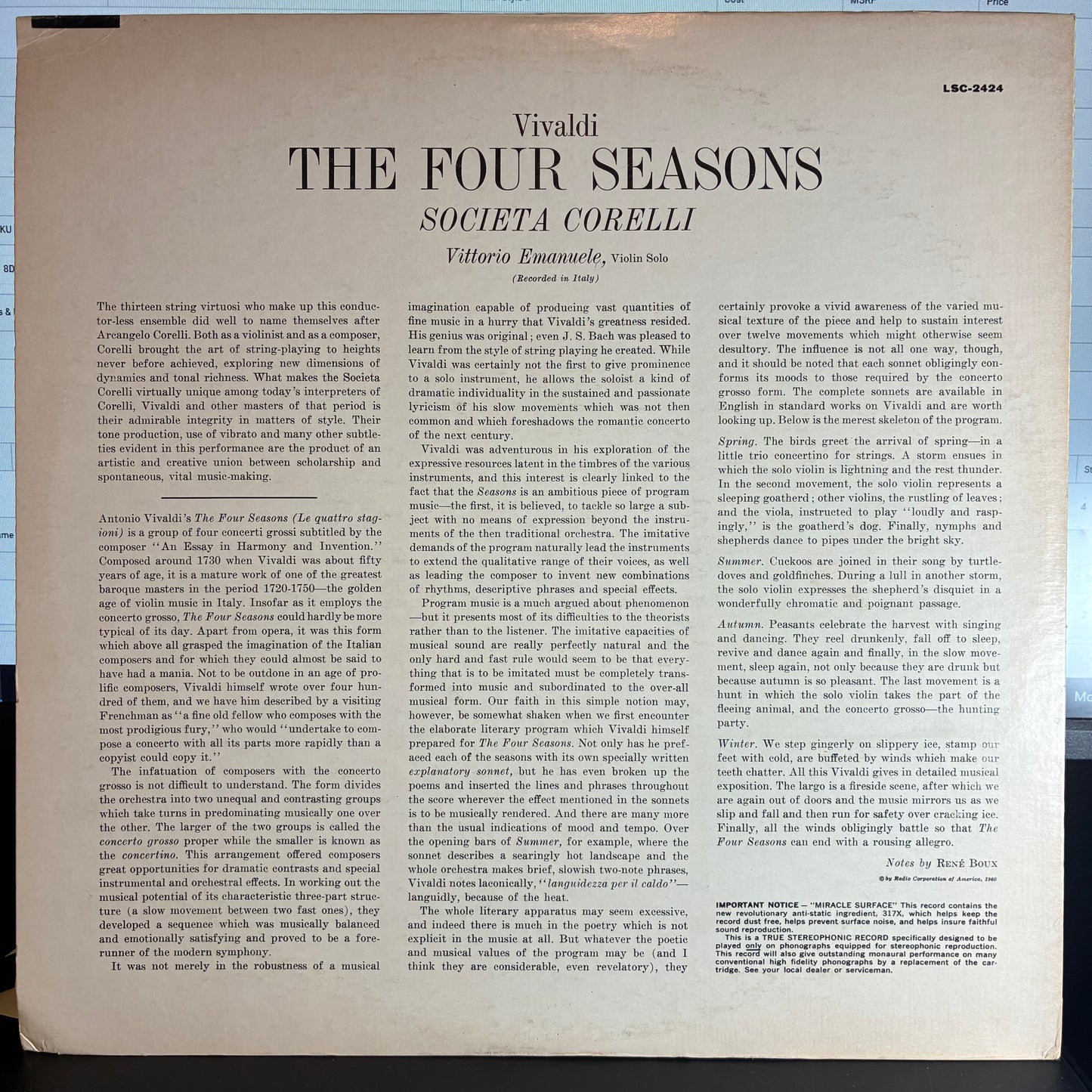 Antonio Vivaldi - The Four Seasons (VINYL LP RCA Victor Red Seal ‎– LSC-2424) | USED Excellent (EX) Excellent+ (EX+) - CLASSICAL / USED *EXCELLENT*