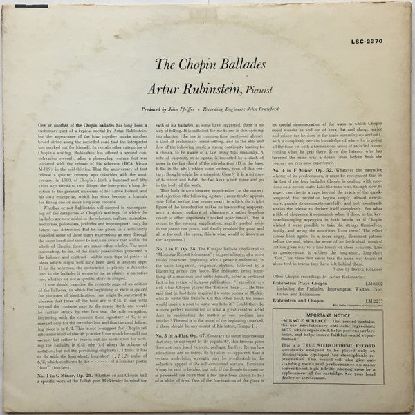 The Chopin Ballades (VINYL) | Excellent (EX) Excellent+ (EX+) - CLASSICAL / USED *EXCELLENT*
