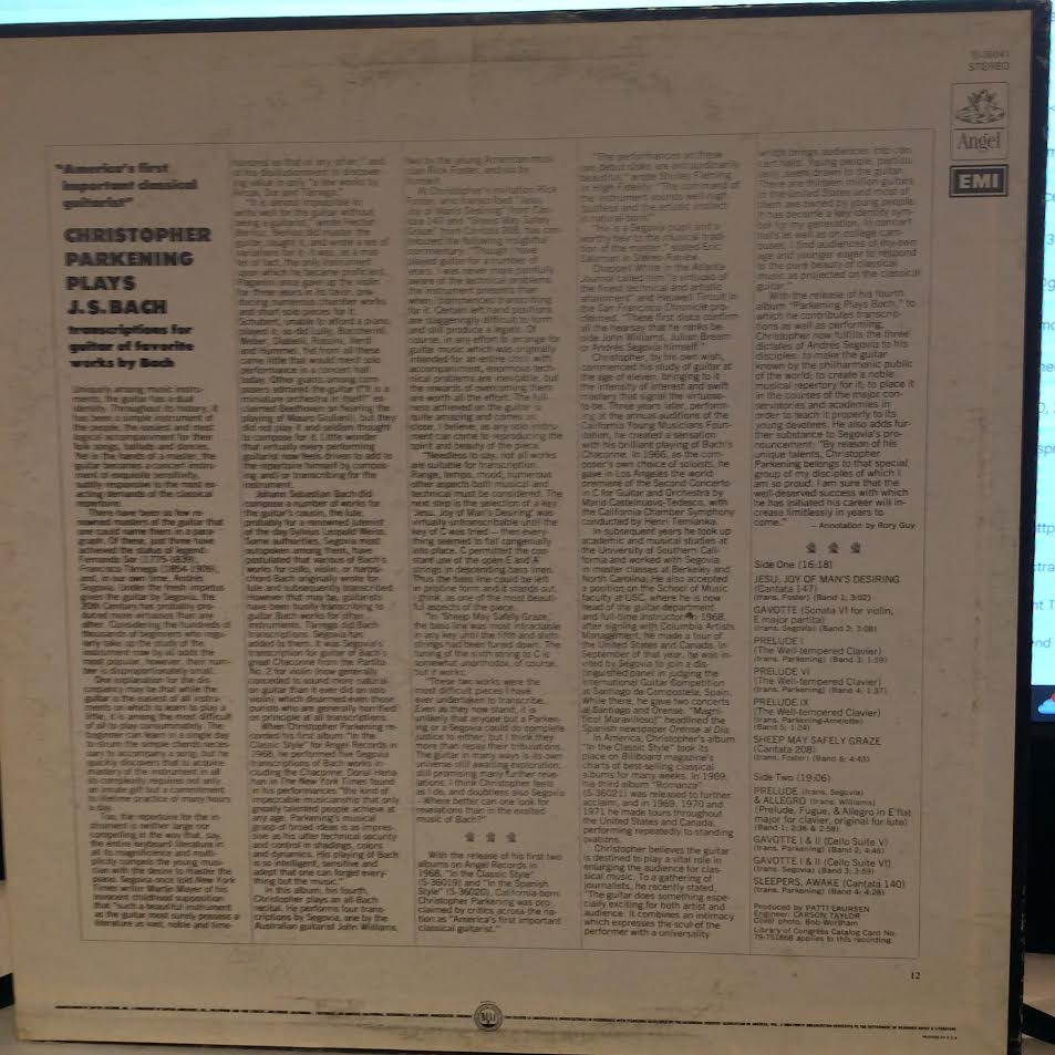 Parkening Plays Bach (VINYL) | Near Mint- (NM-) Very Good Plus (VG+) - CLASSICAL / USED *NEAR MINT-*