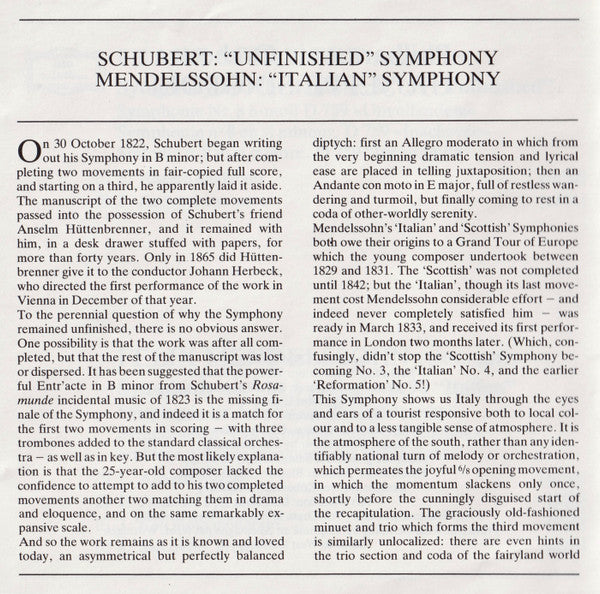 Schubert: Symphony No.8 "Unfinished" / Mendelssohn: Symphony No.4 "Italian" (CD) | Near Mint (NM) Near Mint (NM) - CLASSICAL / USED *NEAR MINT-*