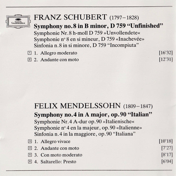 Schubert: Symphony No.8 "Unfinished" / Mendelssohn: Symphony No.4 "Italian" (CD) | Near Mint (NM) Near Mint (NM) - CLASSICAL / USED *NEAR MINT-*