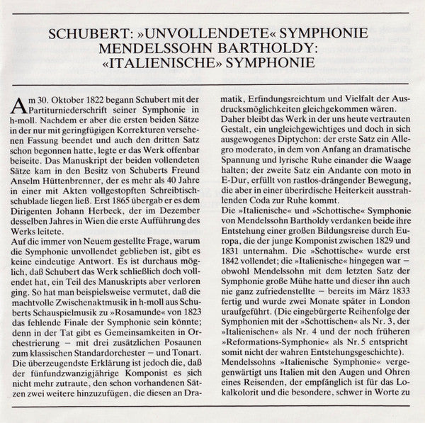 Schubert: Symphony No.8 "Unfinished" / Mendelssohn: Symphony No.4 "Italian" (CD) | Near Mint (NM) Near Mint (NM) - CLASSICAL / USED *NEAR MINT-*