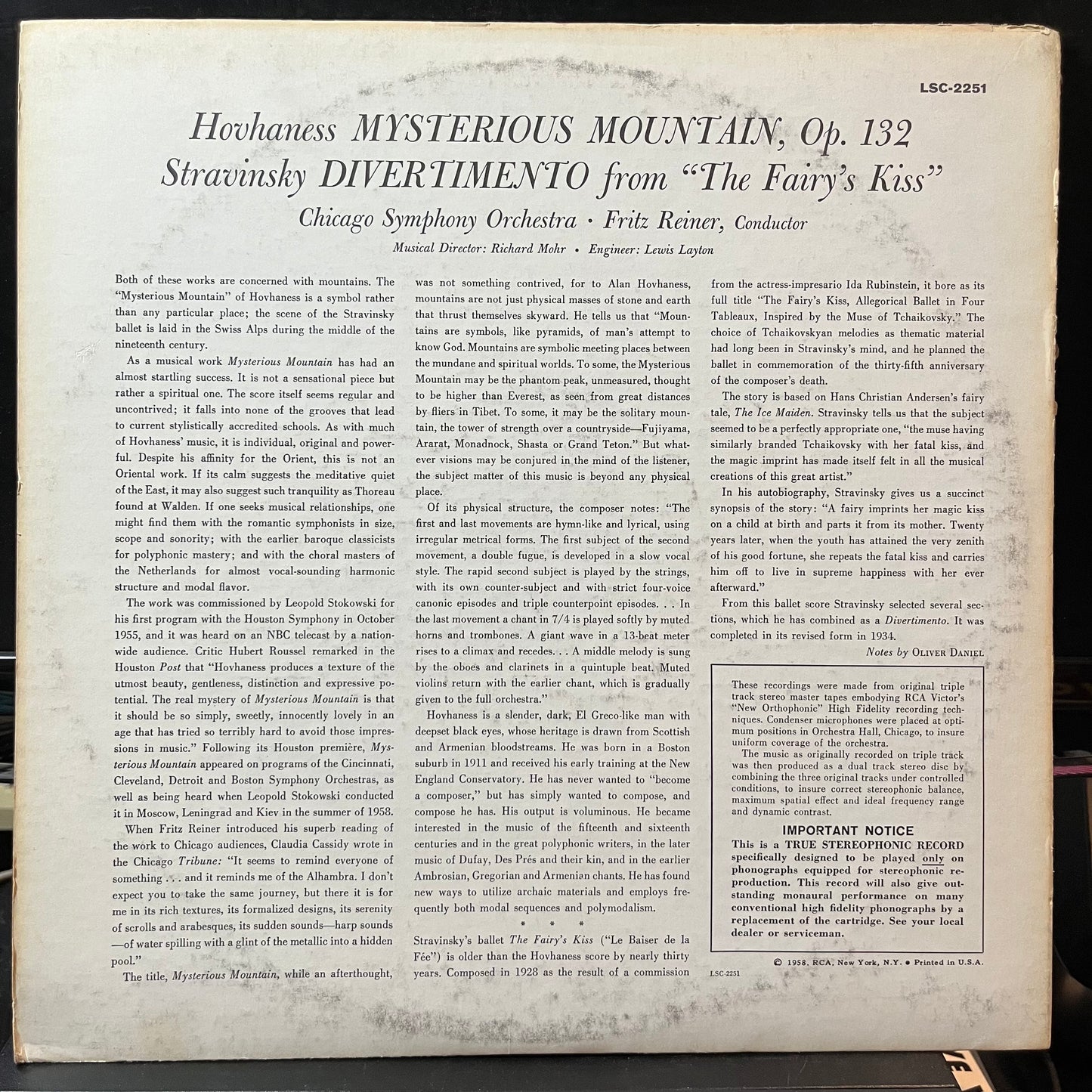 Hovhaness* / Stravinsky* - Chicago Symphony Orches - Mysterious Mountain / Divertimento (From The Fairy's Kiss) (VINYL LP RCA RED SEAL LSC 2251) | Near Mint- (NM-) Excellent (EX) - CLASSICAL / USED *NEAR MINT-*