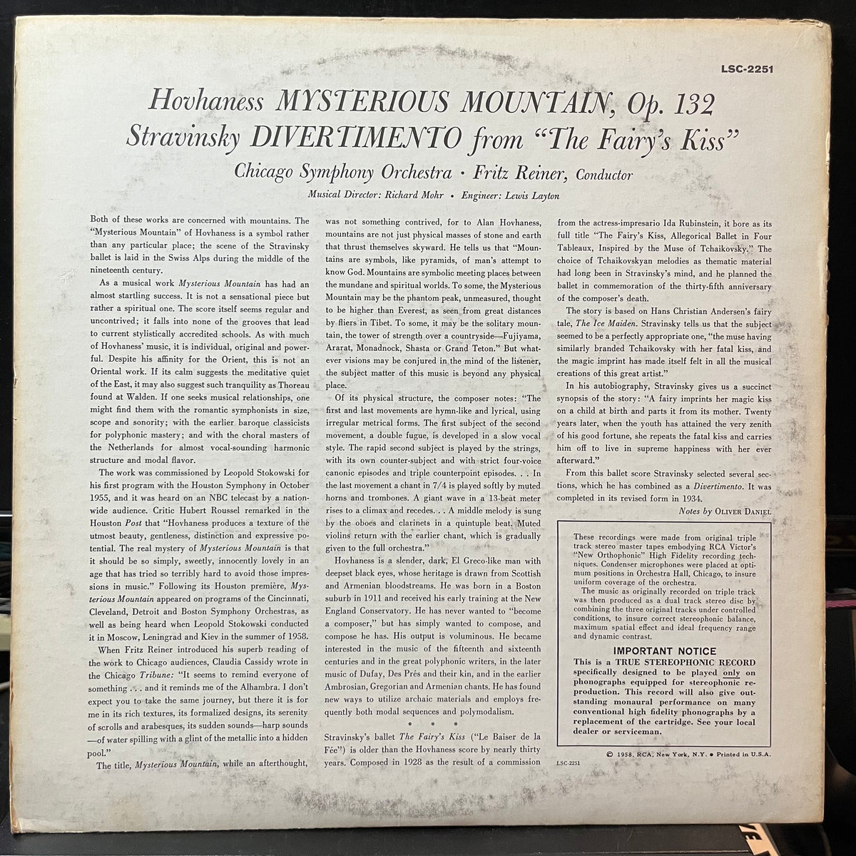 Hovhaness* / Stravinsky* - Chicago Symphony Orches - Mysterious Mountain / Divertimento (From The Fairy's Kiss) (VINYL LP RCA RED SEAL LSC 2251) | Near Mint- (NM-) Excellent (EX) - CLASSICAL / USED *NEAR MINT-*