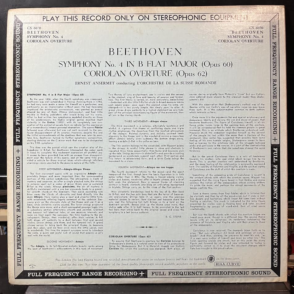 Symphony No. 4 In B Flat Major Opus 60 + Overture "Coriolan" Op. 62 (VINYL) | Near Mint- (NM-) Near Mint- (NM-) - CLASSICAL / USED *NEAR MINT-*