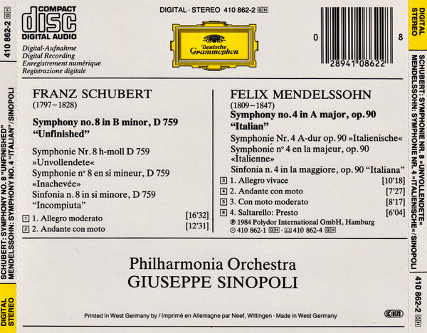 Schubert: Symphony No.8 "Unfinished" / Mendelssohn: Symphony No.4 "Italian" (CD) | Near Mint (NM) Near Mint (NM) - CLASSICAL / USED *NEAR MINT-*