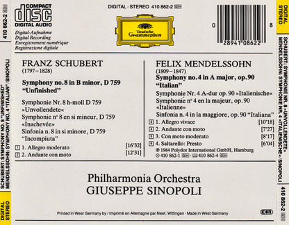 Schubert: Symphony No.8 "Unfinished" / Mendelssohn: Symphony No.4 "Italian" (CD) | Near Mint (NM) Near Mint (NM) - CLASSICAL / USED *NEAR MINT-*