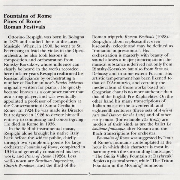 Pines Of Rome • Fountains Of Rome • Feste Romane (CD) | Near Mint (NM) Near Mint (NM) - CLASSICAL / USED *NEAR MINT-*