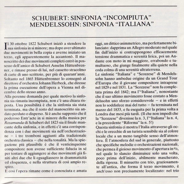 Schubert: Symphony No.8 "Unfinished" / Mendelssohn: Symphony No.4 "Italian" (CD) | Near Mint (NM) Near Mint (NM) - CLASSICAL / USED *NEAR MINT-*