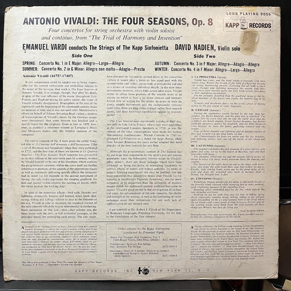 The Four Seasons (VINYL) | Near Mint- (NM-) Excellent (EX) - CLASSICAL / USED *NEAR MINT-*