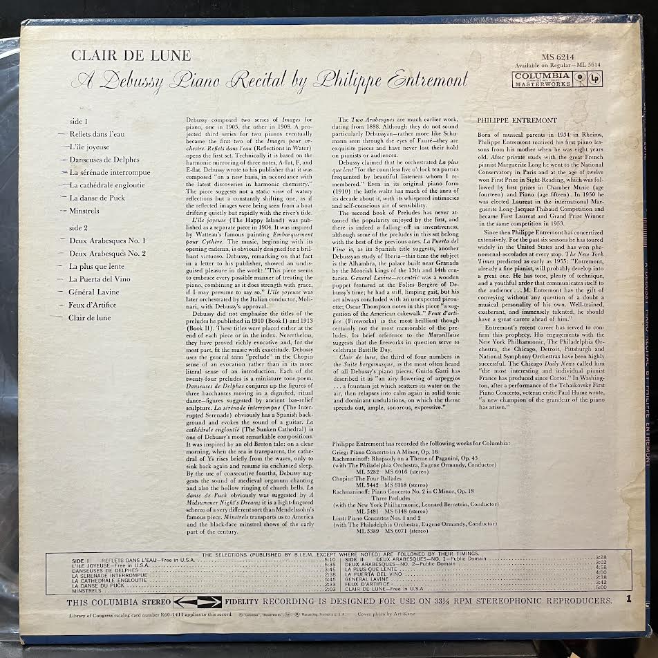 Clair De Lune (A Debussy Piano Recital By Philippe Entremont) (VINYL) | Near Mint (NM) Excellent+ (EX+) - CLASSICAL / USED *NEAR MINT*