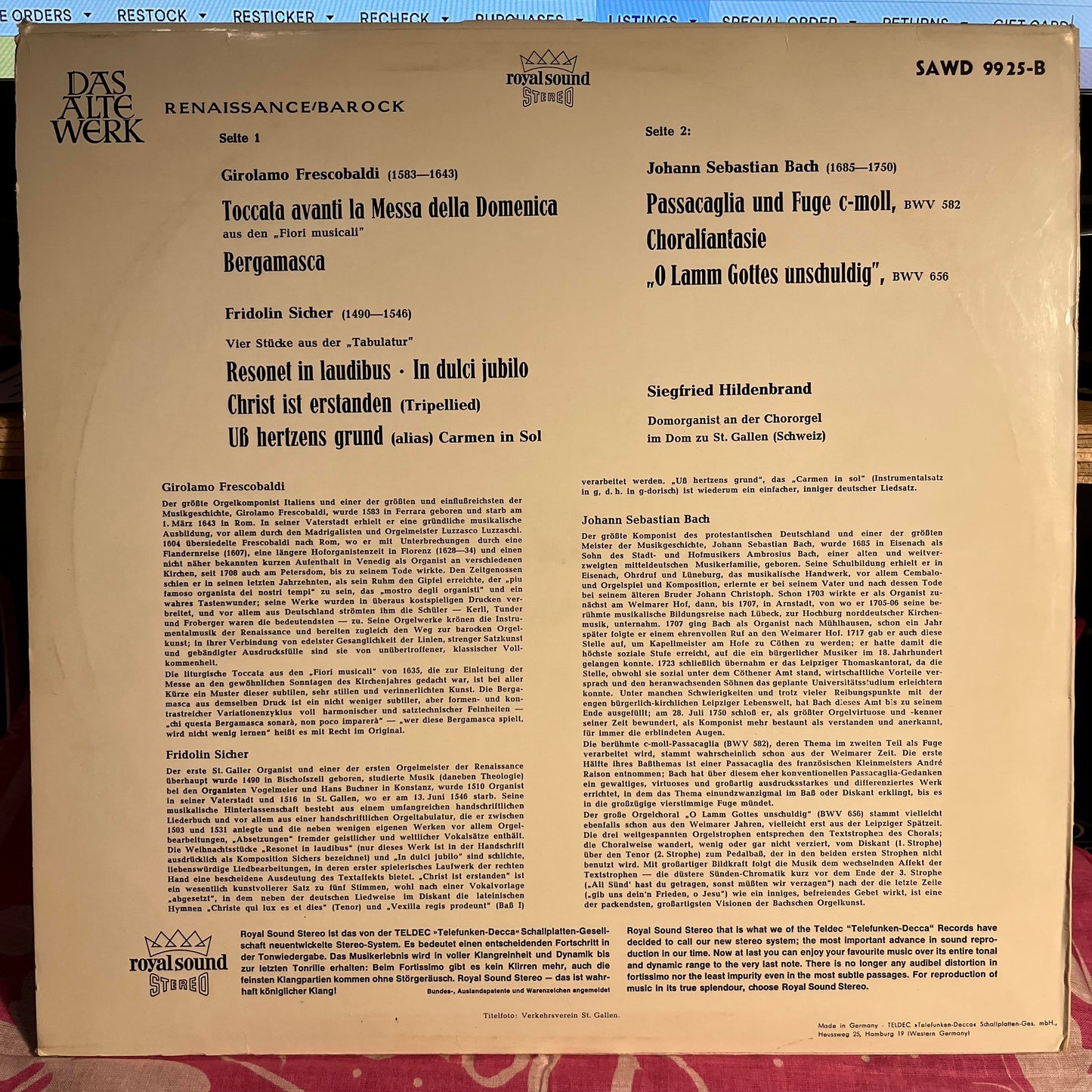 Girolamo Frescobaldi - Die Alte Orgel Im Dom Zu St. Gallen/Schweiz | Near Mint (NM) Near Mint (NM) - CLASSICAL / USED *NEAR MINT*