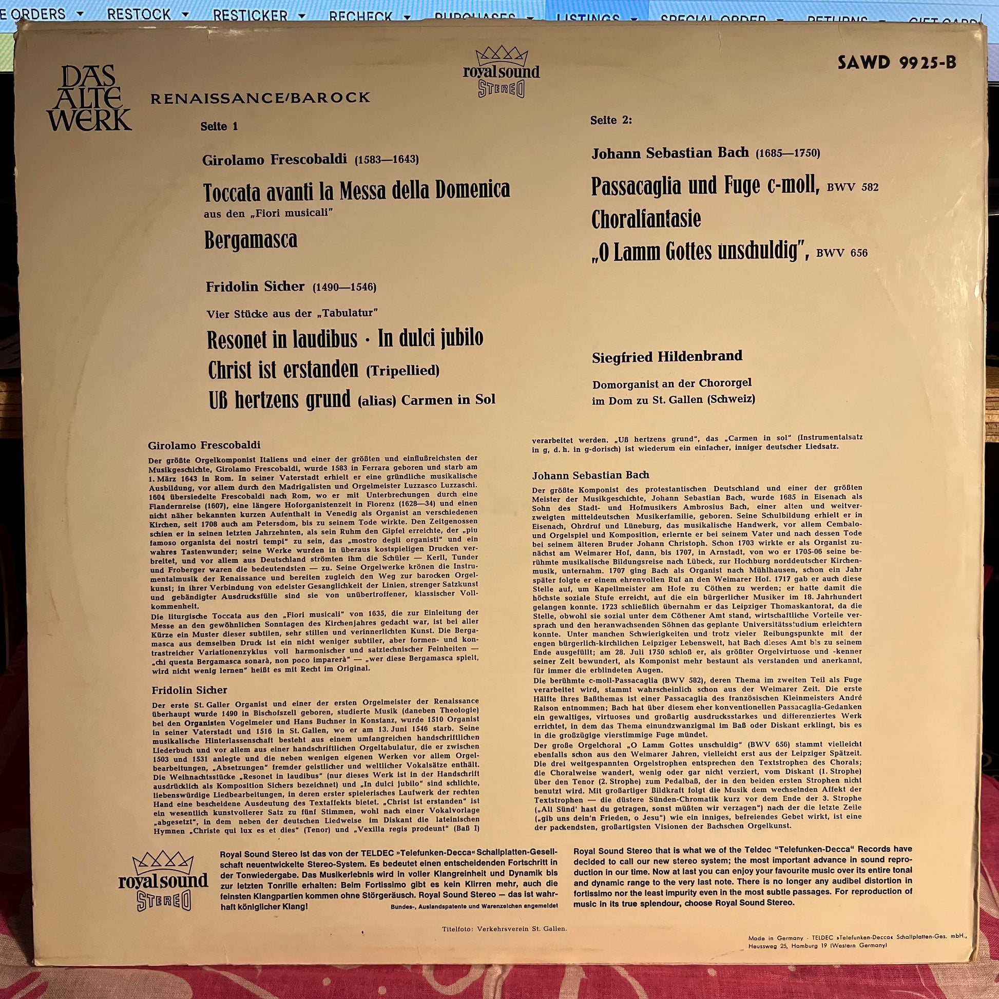 Girolamo Frescobaldi - Die Alte Orgel Im Dom Zu St. Gallen/Schweiz | Near Mint (NM) Near Mint (NM) - CLASSICAL / USED *NEAR MINT*