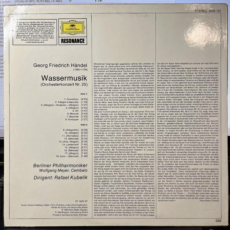 Wassermusik (VINYL) | Near Mint (NM) Excellent (EX) - CLASSICAL / USED *NEAR MINT*