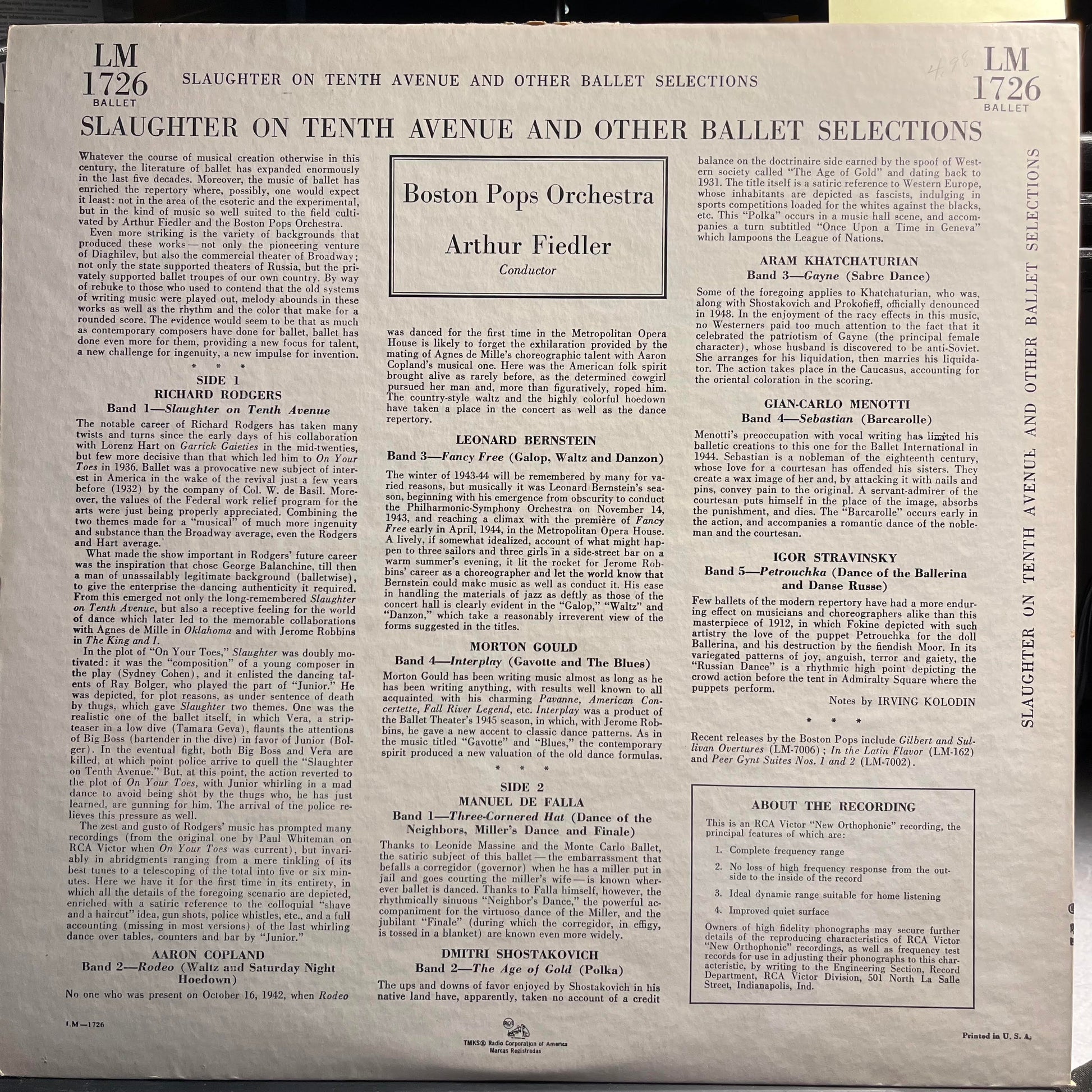 Arthur Fiedler And The Boston Pops Orchestra - Slaughter On 10th Ave. [Complete] | Near Mint (NM) Excellent (EX) - CLASSICAL / USED *NEAR MINT*