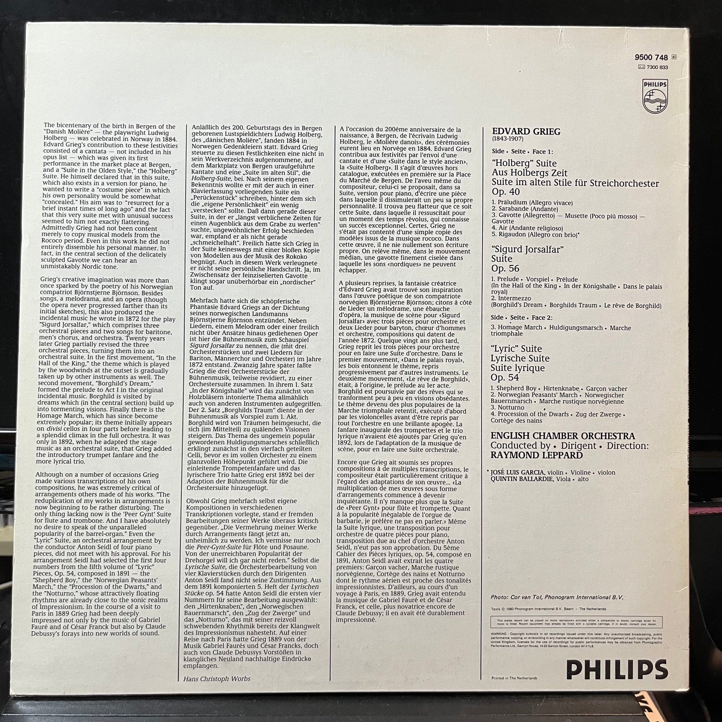 Grieg*, English Chamber Orchestra, Raymond Leppard - Holberg Suite / Sigurd Jorsalfar & Lyric Suites (VINYL LP PHILIPS 9500 748 1980) | Near Mint (NM or M-) Near Mint (NM) - CLASSICAL / USED *NEAR MINT*