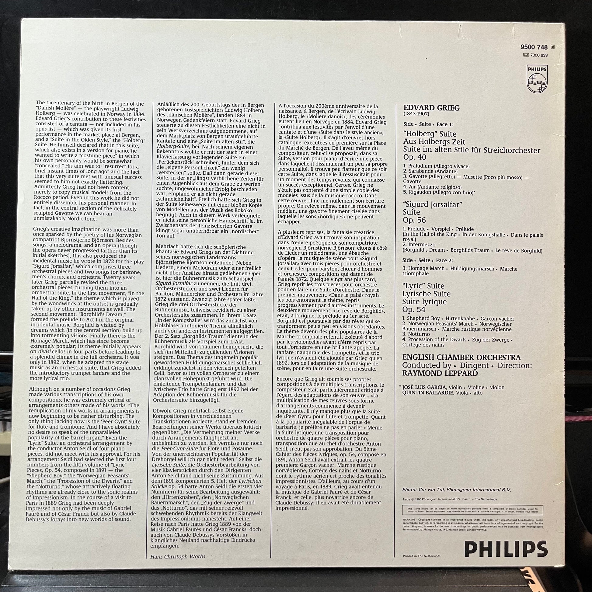 Grieg*, English Chamber Orchestra, Raymond Leppard - Holberg Suite / Sigurd Jorsalfar & Lyric Suites (VINYL LP PHILIPS 9500 748 1980) | Near Mint (NM or M-) Near Mint (NM) - CLASSICAL / USED *NEAR MINT*