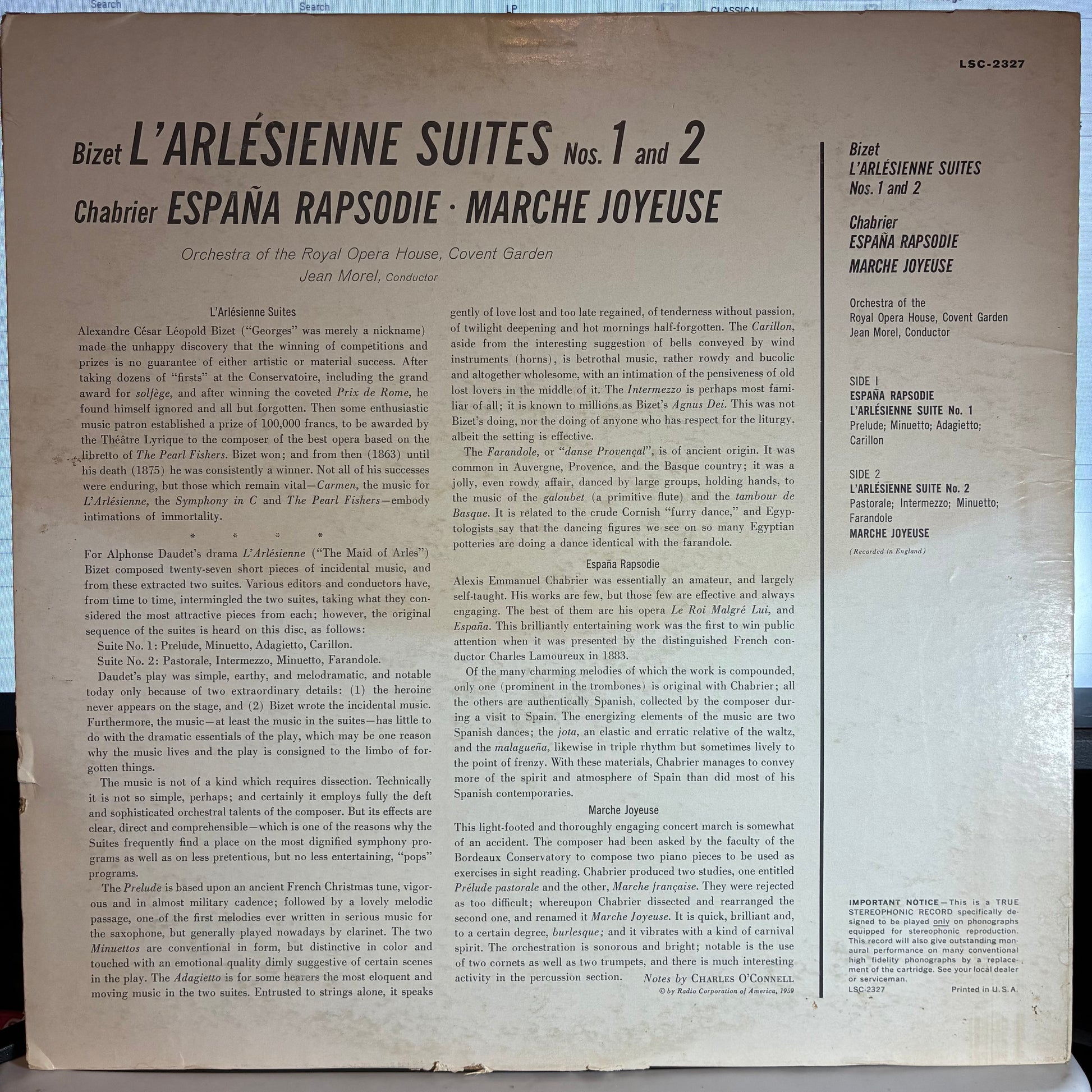 L'Arlésienne Suites 1 And 2 / España Rapsodie / Marche Joyeuse (VINYL) | Near Mint (NM or M-) Very Good Plus (VG+) - CLASSICAL / USED *NEAR MINT*