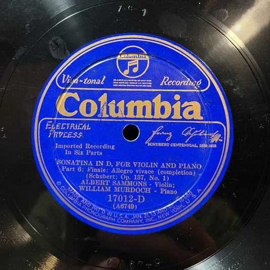 SONATA IN D / SCHUBERT OP 137 (78RPM 10") 17012-D COLUMBIA | Near Mint (NM or M-) Generic - CLASSICAL / USED *NEAR MINT*