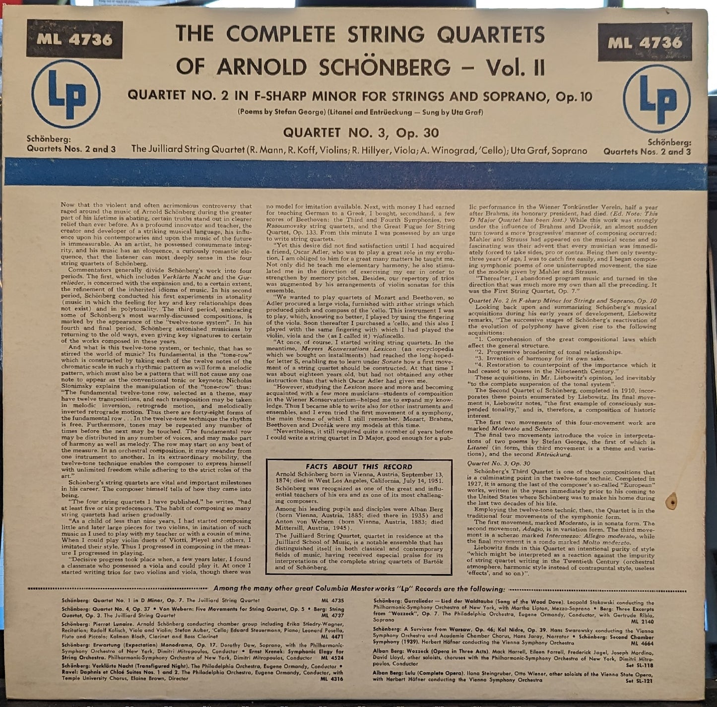 Arnold Schoenberg - Quartet No. 2 In F-Sharp Minor For Strings And Soprano, Op. 10 / Quartet No. 3, Op. 30 | Near Mint (NM) Near Mint (NM) - CLASSICAL / USED *NEAR MINT*