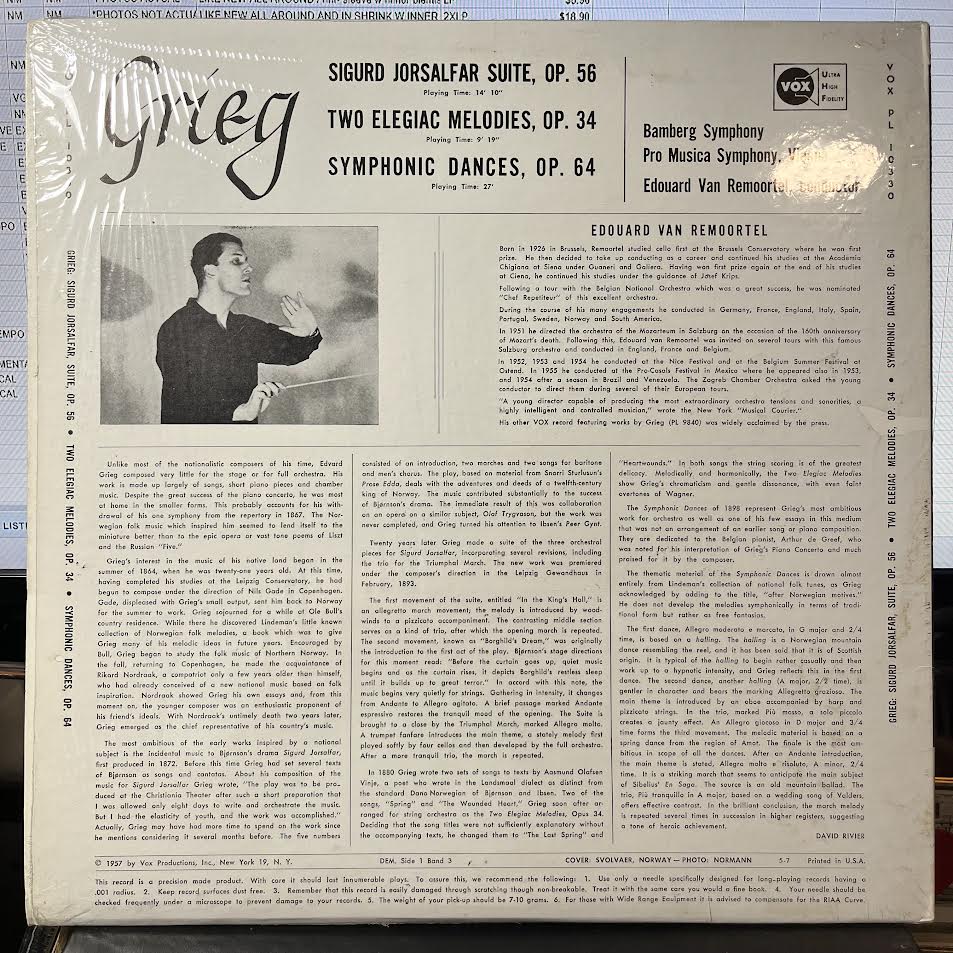 Sigurd Jorsalfar Suite, Op. 56 | Two Elegiac Meolodies, Op. 34 | Symphonic Dances, Op. 64 (VINYL) | Near Mint (NM) Near Mint (NM) - CLASSICAL / USED *NEAR MINT*
